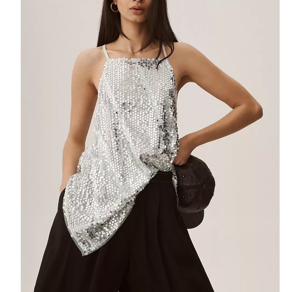 By Anthropologie Sequin Halter Tank Light Blue Silver - Small - Picture 4 of 12